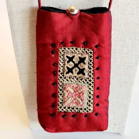 Pouch, Silk Crossbody with Silver Button Closure and Embroidered Detail F… - Picture 3 of 7